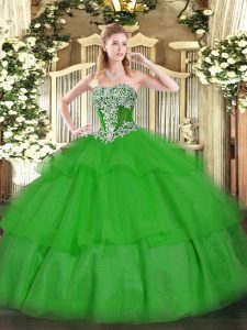 Floor Length Lace Up Quinceanera Gown Green for Military Ball and Sweet 16 and Quinceanera with Beading and Ruffled Layers