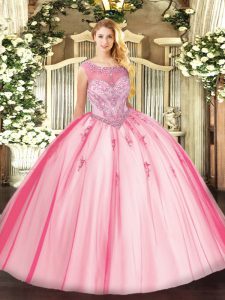 Pink Sleeveless Floor Length Beading and Appliques Zipper Quinceanera Dress
