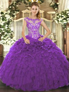Organza Cap Sleeves Floor Length Vestidos de Quinceanera and Beading and Ruffles and Hand Made Flower