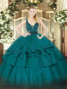 Elegant Floor Length Zipper 15 Quinceanera Dress Teal for Military Ball and Sweet 16 and Quinceanera with Beading and Ruffled Layers