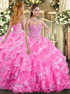 Rose Pink Organza Lace Up Sweetheart Sleeveless Floor Length Quince Ball Gowns Embroidery and Ruffled Layers