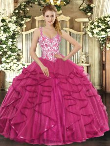 Sleeveless Tulle Floor Length Lace Up Quinceanera Gown in Hot Pink with Beading and Appliques and Ruffles