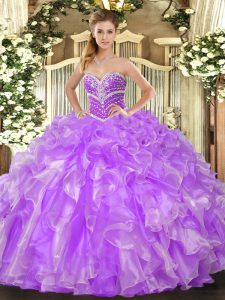 Glamorous Lavender Ball Gowns Beading and Ruffles Sweet 16 Dress Lace Up Organza Sleeveless Floor Length