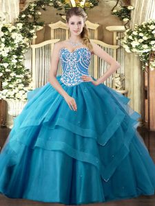 Modern Teal Tulle Lace Up 15 Quinceanera Dress Sleeveless Floor Length Beading and Ruffled Layers