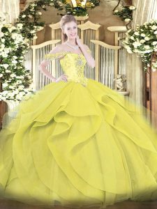 Dramatic Yellow Ball Gowns Tulle Off The Shoulder Sleeveless Beading and Ruffles Floor Length Lace Up Quinceanera Gown