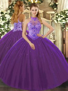 Custom Design Purple Ball Gowns Beading and Appliques and Embroidery Quinceanera Gowns Lace Up Tulle Sleeveless Floor Length