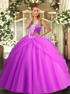 Shining Sleeveless Tulle Floor Length Lace Up Quinceanera Dresses in Lilac with Beading and Pick Ups