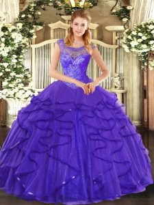 Best Blue Ball Gowns Scoop Sleeveless Tulle Floor Length Lace Up Beading and Ruffles 15 Quinceanera Dress