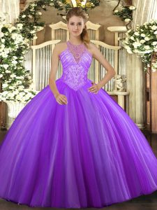 Lavender Tulle Lace Up High-neck Sleeveless Floor Length Quinceanera Gown Beading