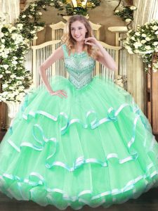 Discount Ball Gowns Quinceanera Dress Apple Green Scoop Tulle Sleeveless Floor Length Lace Up