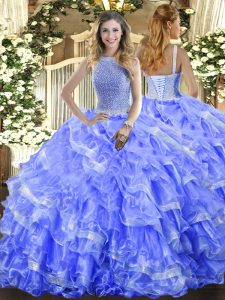 Blue Organza Lace Up Sweet 16 Dresses Sleeveless Floor Length Beading and Ruffled Layers