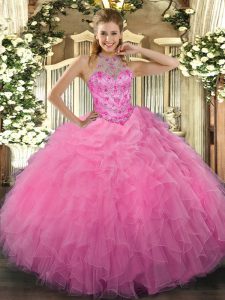 Rose Pink Lace Up 15 Quinceanera Dress Beading and Embroidery and Ruffles Sleeveless Floor Length