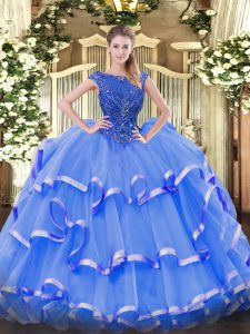 Blue Sleeveless Organza Zipper Ball Gown Prom Dress for Sweet 16 and Quinceanera