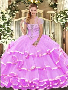 Perfect Sleeveless Organza Floor Length Lace Up Quinceanera Gowns in Lilac with Appliques and Ruffled Layers