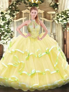 Halter Top Sleeveless Lace Up Vestidos de Quinceanera Yellow Organza