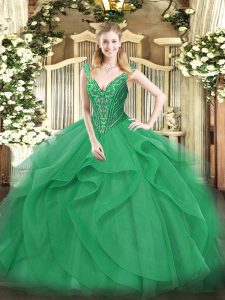 On Sale Sleeveless Beading and Ruffles Lace Up Quince Ball Gowns