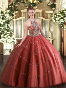 Artistic Ball Gowns Sweet 16 Quinceanera Dress Wine Red Halter Top Tulle Sleeveless Floor Length Lace Up