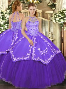 Shining Floor Length Purple Quinceanera Gown Satin and Tulle Sleeveless Beading and Embroidery