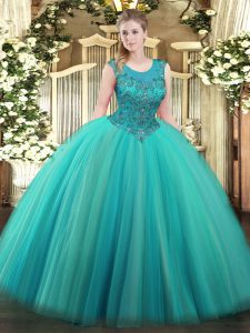 Custom Made Turquoise Sleeveless Floor Length Beading Zipper Quinceanera Dresses