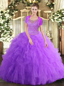 High Class Floor Length Lavender Quinceanera Gown Tulle Sleeveless Beading and Ruffled Layers