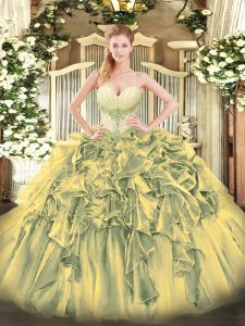 High Quality Olive Green Ball Gowns Beading and Ruffles Quinceanera Dress Lace Up Organza Sleeveless Floor Length