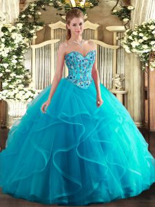 Tulle and Printed Sweetheart Sleeveless Lace Up Embroidery and Ruffles Quinceanera Gowns in Aqua Blue