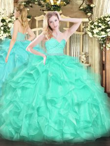 Wonderful Turquoise Ball Gowns Beading and Lace and Ruffles Sweet 16 Dresses Zipper Organza Sleeveless Floor Length