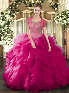 Fuchsia Clasp Handle Scoop Beading and Ruffled Layers Quinceanera Dresses Tulle Sleeveless
