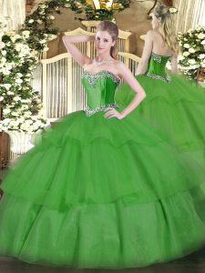 Green Sleeveless Beading and Ruffled Layers Floor Length 15 Quinceanera Dress