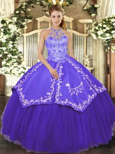 Eye-catching Sleeveless Satin and Tulle Floor Length Lace Up Quinceanera Dress in Purple with Beading and Embroidery