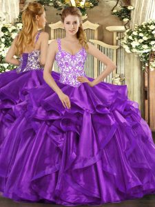 Enchanting Eggplant Purple Sleeveless Beading and Appliques and Ruffles Floor Length Sweet 16 Dresses