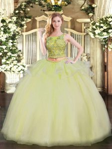 Deluxe Yellow Scoop Lace Up Beading 15 Quinceanera Dress Sleeveless
