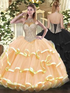 Super Beading and Ruffled Layers Sweet 16 Quinceanera Dress Peach Lace Up Sleeveless Floor Length