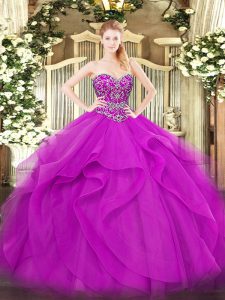Unique Sweetheart Sleeveless Tulle Vestidos de Quinceanera Beading and Ruffles Lace Up