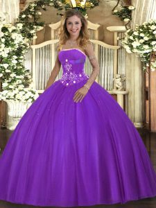 Strapless Sleeveless 15th Birthday Dress Floor Length Beading Purple Tulle