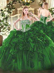 Ball Gowns Quince Ball Gowns Dark Green Strapless Organza Sleeveless Floor Length Lace Up