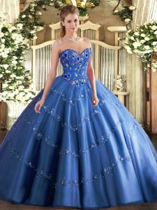 Sweetheart Sleeveless Quinceanera Gowns Floor Length Appliques and Embroidery Blue Tulle