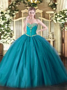 Teal Tulle Lace Up Quinceanera Dresses Sleeveless Floor Length Beading