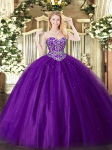 Romantic Purple Sleeveless Floor Length Beading Lace Up 15 Quinceanera Dress