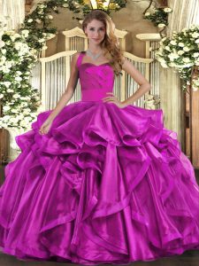 Elegant Fuchsia Ball Gowns Halter Top Sleeveless Organza Floor Length Lace Up Ruffles Ball Gown Prom Dress
