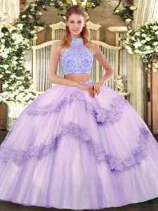 Charming Lavender Sleeveless Floor Length Beading and Appliques and Ruffles Lace Up Quince Ball Gowns