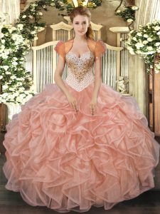 Peach Ball Gowns Organza Sweetheart Sleeveless Beading and Ruffles Floor Length Lace Up Sweet 16 Quinceanera Dress
