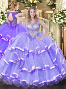 Excellent Lavender Scoop Neckline Beading and Ruffled Layers Ball Gown Prom Dress Sleeveless Lace Up