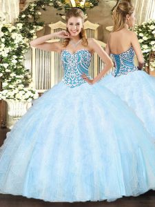 Amazing Light Blue Lace Up Sweetheart Beading and Ruffles 15 Quinceanera Dress Tulle Sleeveless