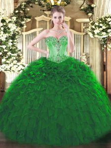Hot Sale Dark Green Lace Up Sweetheart Beading and Ruffles Quince Ball Gowns Organza Sleeveless