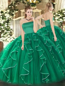 Pretty Dark Green Quince Ball Gowns Military Ball and Sweet 16 and Quinceanera with Ruffles Strapless Sleeveless Zipper