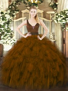 Brown Ball Gowns Beading and Ruffles Sweet 16 Quinceanera Dress Zipper Organza Sleeveless Floor Length