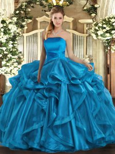 Fine Floor Length Baby Blue Sweet 16 Quinceanera Dress Strapless Sleeveless Lace Up