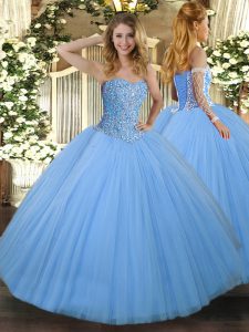 Fashionable Aqua Blue Lace Up 15th Birthday Dress Beading Sleeveless Floor Length