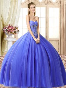 Modest Blue Lace Up Sweet 16 Dress Beading Sleeveless Floor Length